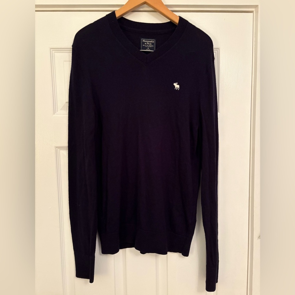 Abercrombie Fitch Sweater Men M Medium Black Soft A&F V Neck Blend Logo Casual